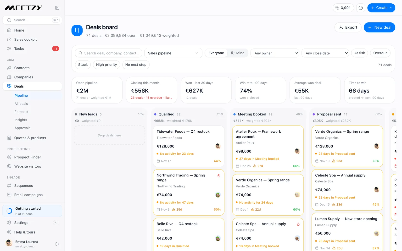The Meetzy desktop app: the deals board by stage
