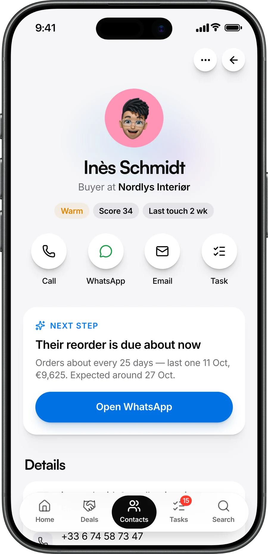 A contact in Meetzy for iPhone with its next step