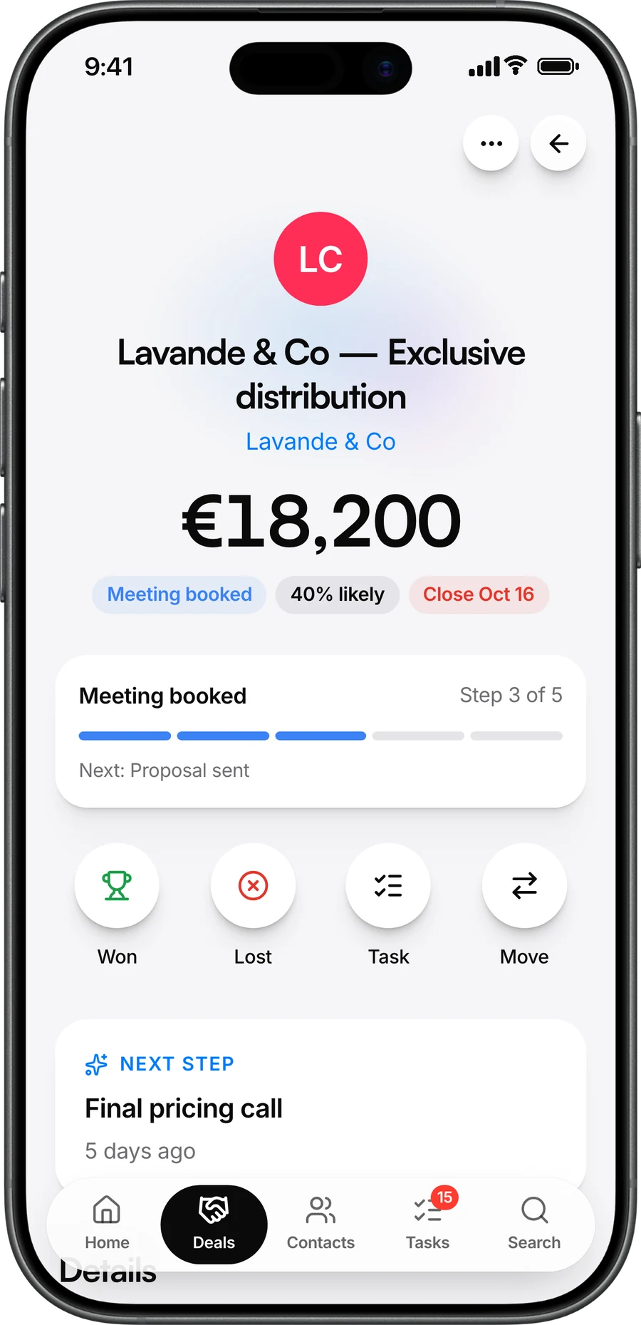 A deal in Meetzy for iPhone: amount, stage progress, Won, Lost, Move
